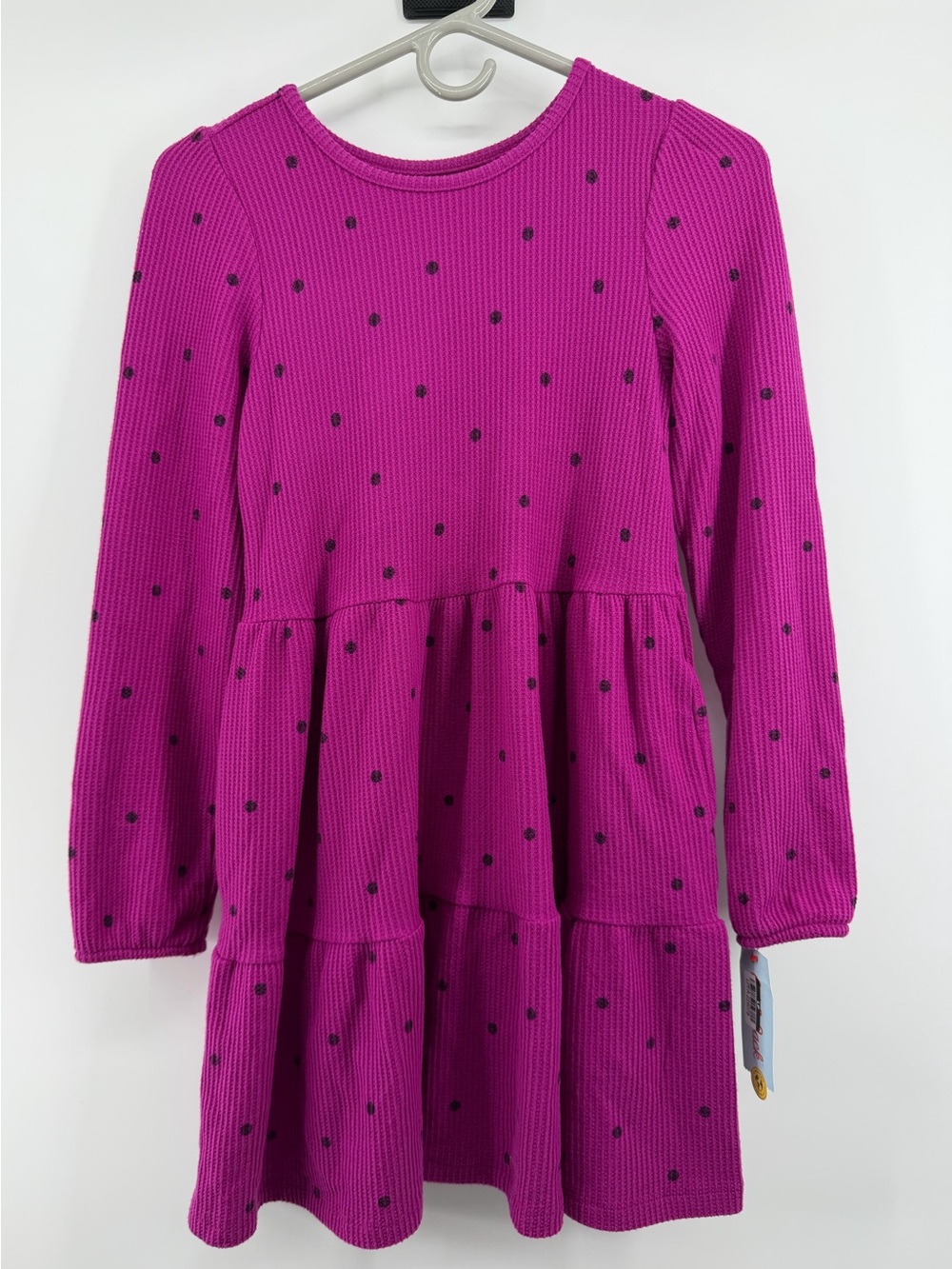 Cat & Jack Magenta Long-Sleeve Tiered Dress with Black Polka Dots